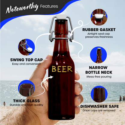 Nevlers 8.5 oz Amber Swing Top Glass Beer Bottles (Pack of 18) | Includes Funnel, Brush and Marker