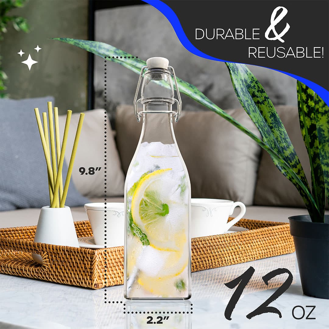 Nevlers 12 oz Square Swing Top Glass Bottles (Pack of 12) | Includes Funnel, Brush and Marker
