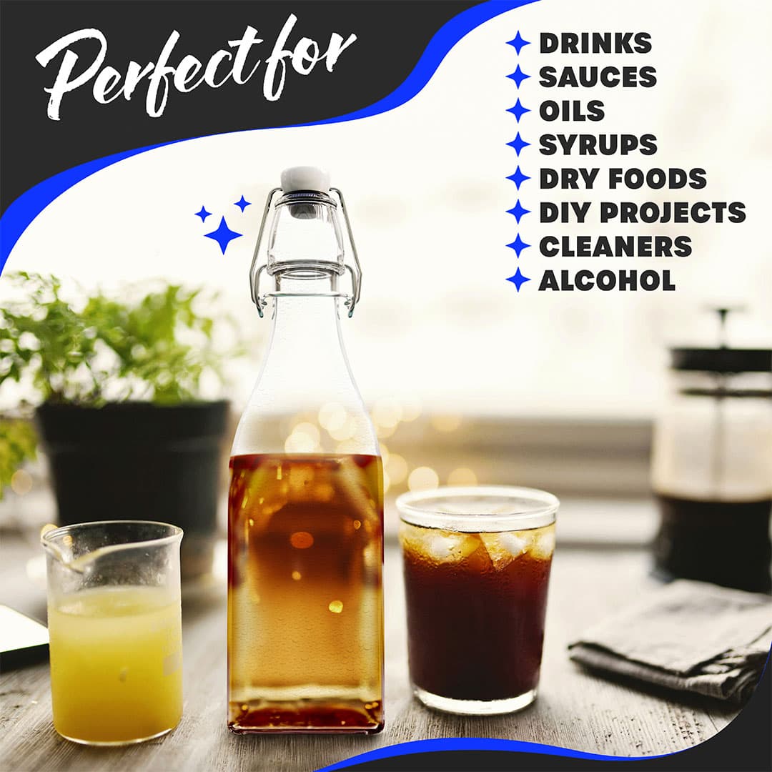 Nevlers 12 oz Square Swing Top Glass Bottles (Pack of 12) | Includes Funnel, Brush and Marker