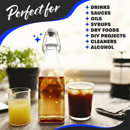 Nevlers 12 oz Square Swing Top Glass Bottles (Pack of 12) | Includes Funnel, Brush and Marker