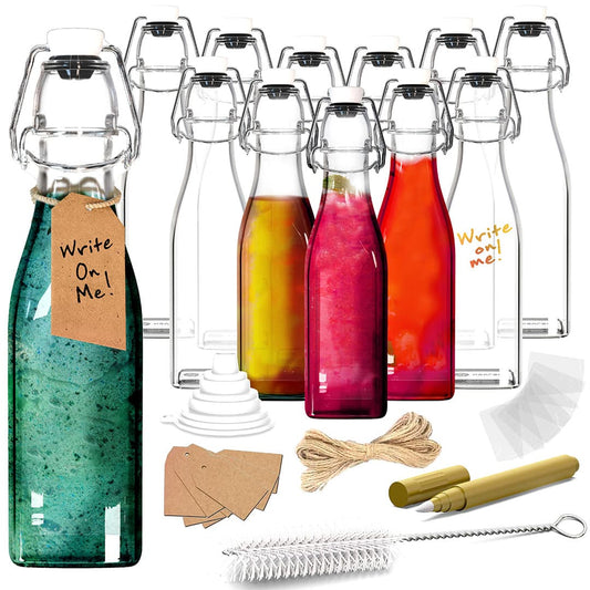 Nevlers 12 oz Square Swing Top Glass Bottles (Pack of 12) | Includes Funnel, Brush and Marker