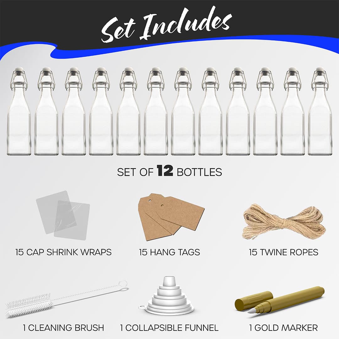 Nevlers 12 oz Square Swing Top Glass Bottles (Pack of 12) | Includes Funnel, Brush and Marker