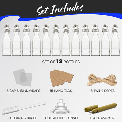 Nevlers 12 oz Square Swing Top Glass Bottles (Pack of 12) | Includes Funnel, Brush and Marker