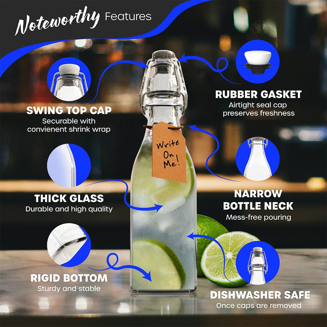 Nevlers 12 oz Square Swing Top Glass Bottles (Pack of 12) | Includes Funnel, Brush and Marker