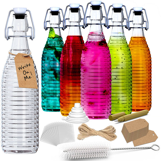 Nevlers 33 oz Ringed Swing Top Glass Bottles (Pack of 6) | Includes Funnel, Brush, Tags, Shrink Wrap and Marker