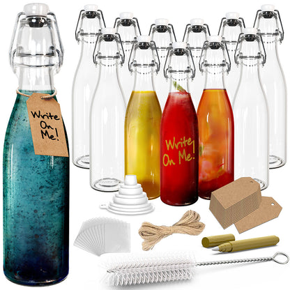 Nevlers 12 oz Round Swing Top Glass Bottles (Pack of 12) | Includes Funnel, Brush and Marker