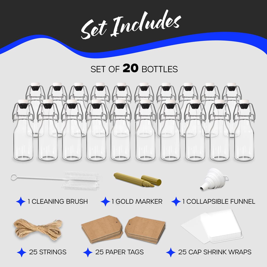 Nevlers 4 oz Round Swing Top Glass Bottles (Pack of 20) | Includes Funnel, Brush and Marker