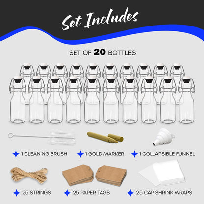 Nevlers 4 oz Round Swing Top Glass Bottles (Pack of 20) | Includes Funnel, Brush and Marker