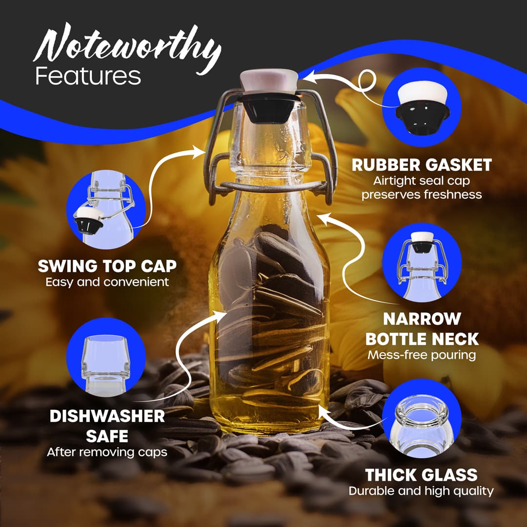 Nevlers 4 oz Round Swing Top Glass Bottles (Pack of 20) | Includes Funnel, Brush and Marker