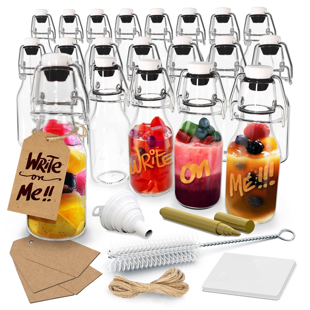 Nevlers 4 oz Round Swing Top Glass Bottles (Pack of 20) | Includes Funnel, Brush and Marker