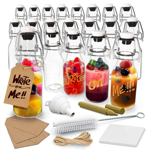 Nevlers 4 oz Round Swing Top Glass Bottles (Pack of 20) | Includes Funnel, Brush and Marker
