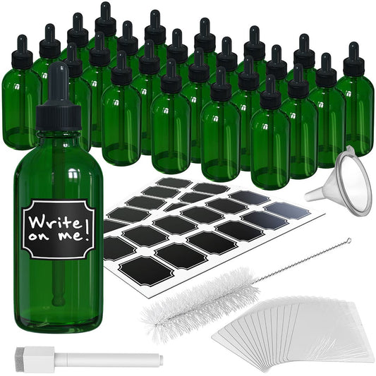 Nevlers 4 oz Green Glass Dropper Bottle (Set of 24) | Includes Shrink Wrap, Funnel, Brush, Marker and Labels