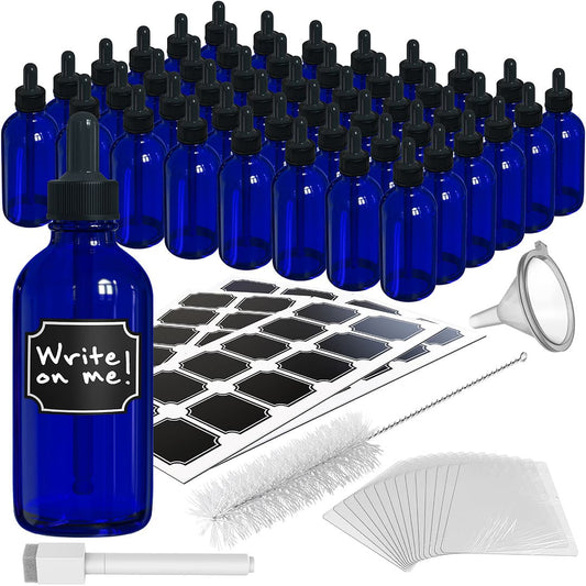 Nevlers 4 oz Cobalt Blue Glass Dropper Bottle (Set of 48) | Includes Labels, Shrink Wrap, Funnel, Brush and Marker