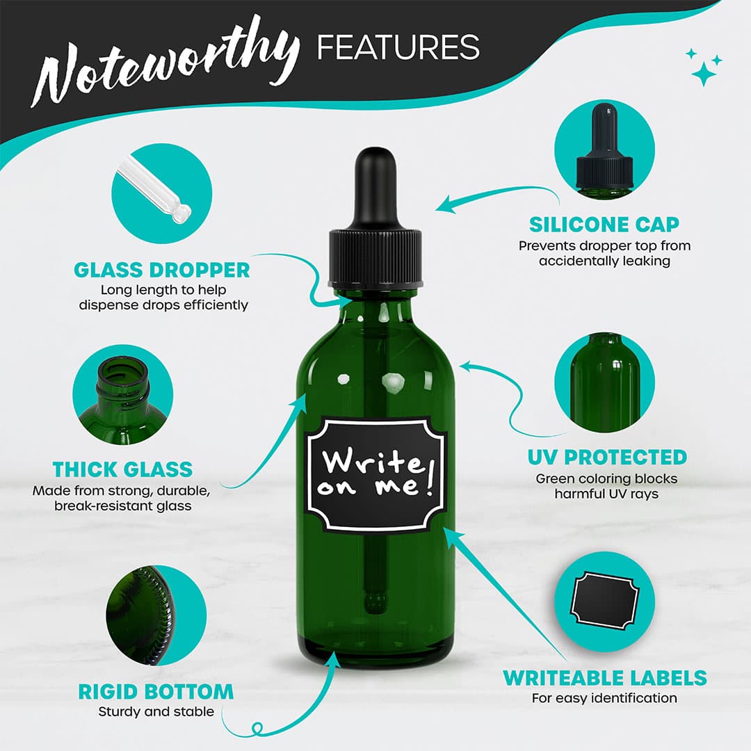 Nevlers 2 oz Green Glass Dropper Bottle (Set of 24) | Includes shrink wrap, bottle brush, Funnel, Marker and Labels