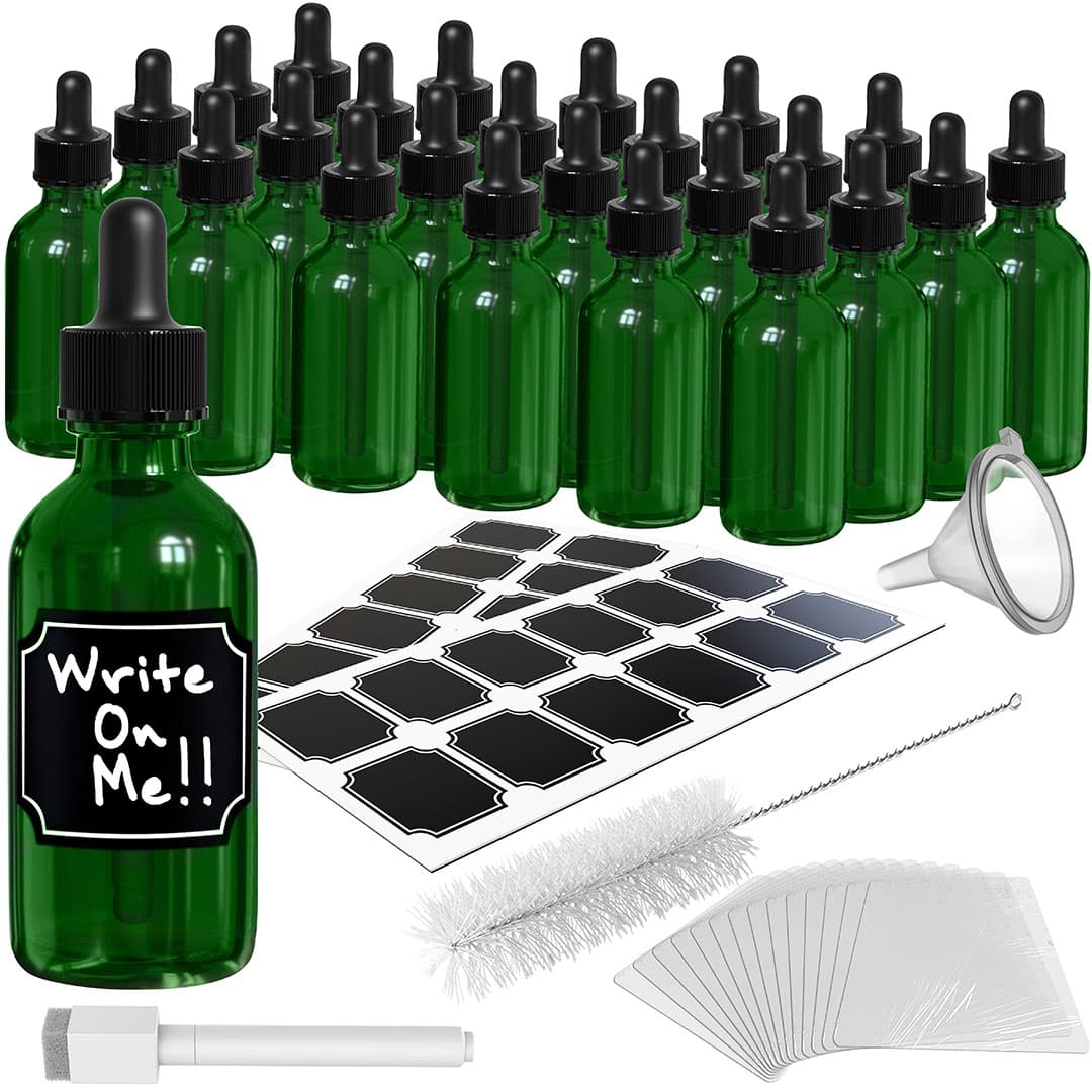 Nevlers 2 oz Green Glass Dropper Bottle (Set of 24) | Includes shrink wrap, bottle brush, Funnel, Marker and Labels