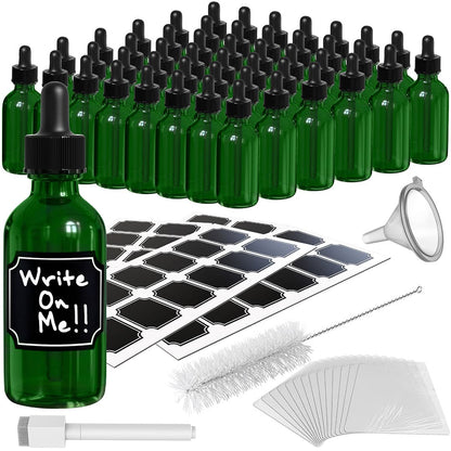 Nevlers 2 oz Green Glass Dropper Bottle (Set of 48) | Includes Shrink Wrap, Labels, Funnel, Brush, Marker