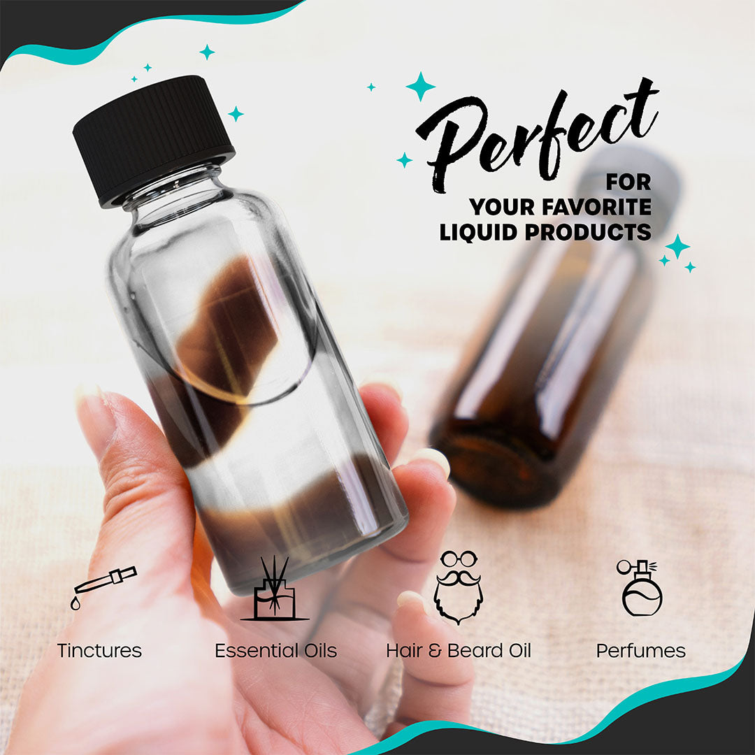 Nevlers 2 oz Boston Round Clear Glass Bottles (Set of 24) | Includes Funnel, Brush, Shrink Wrap, Labels and Marker