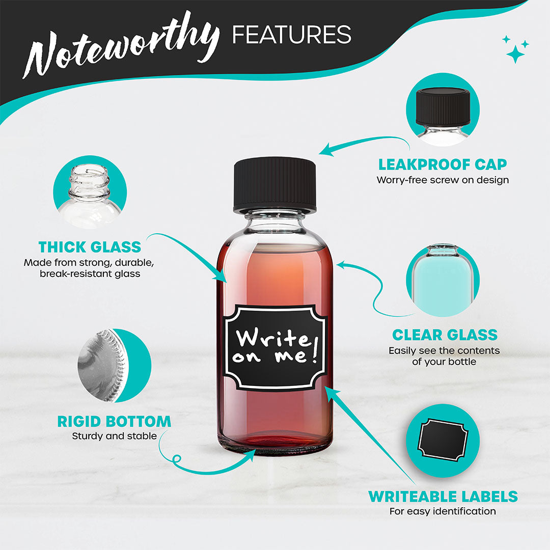 Nevlers 2 oz Boston Round Clear Glass Bottles (Set of 24) | Includes Funnel, Brush, Shrink Wrap, Labels and Marker