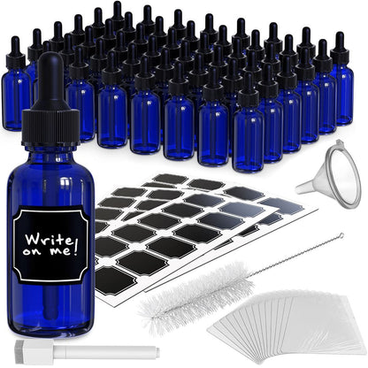 Nevlers 1 oz Cobalt Blue Glass Dropper Bottle (Set of 48) | Includes Labels, Shrink Wrap Pieces, Funnel, Brush and Marker