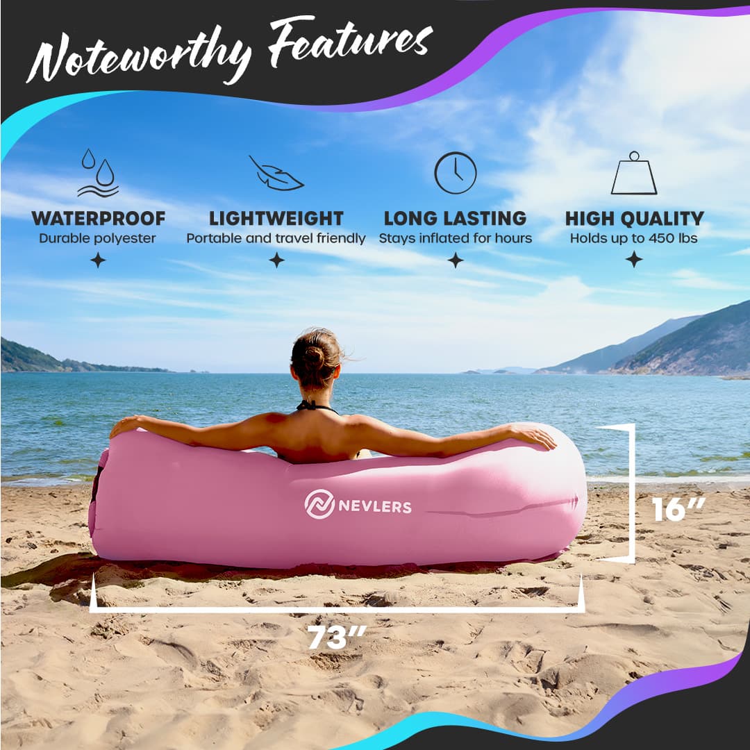 Nevlers Bubblegum Pink Inflatable Lounger with Travel Bag and Pockets