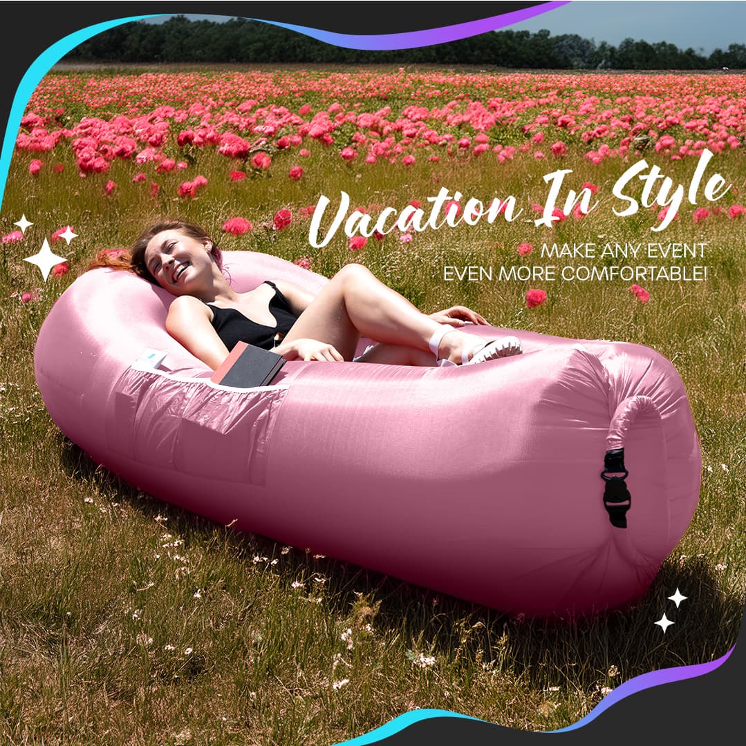 Nevlers Bubblegum Pink Inflatable Lounger with Travel Bag and Pockets