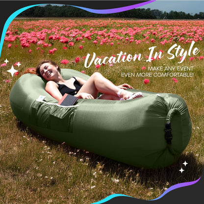 Nevlers Military Green Inflatable Lounger with Travel Bag and Pockets