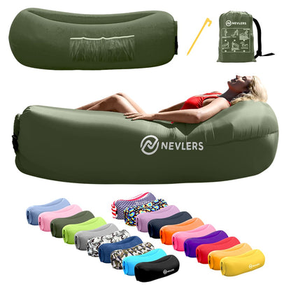 Nevlers Military Green Inflatable Lounger with Travel Bag and Pockets