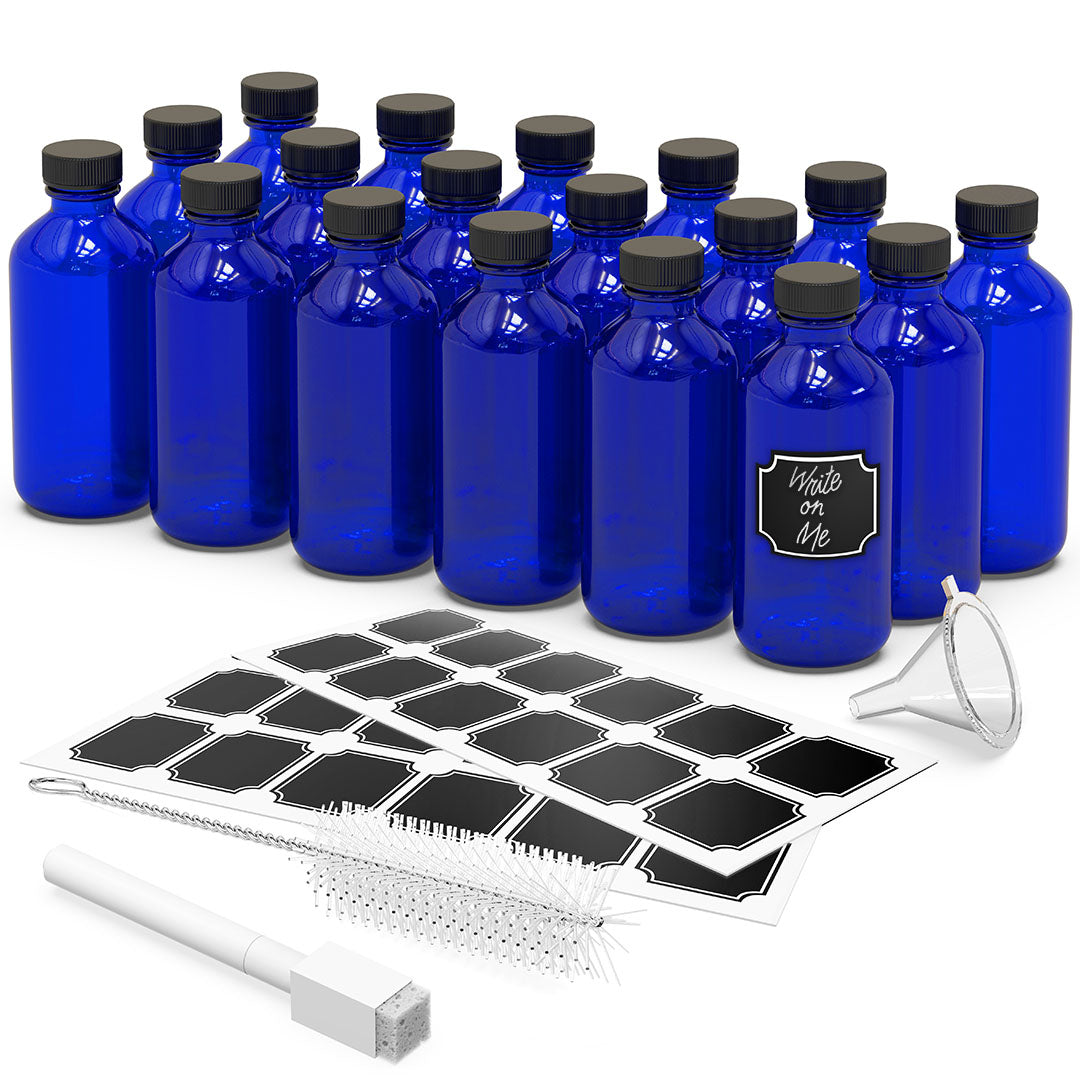 Blue Glass Boston Bottles with Twist Caps - 8 Oz