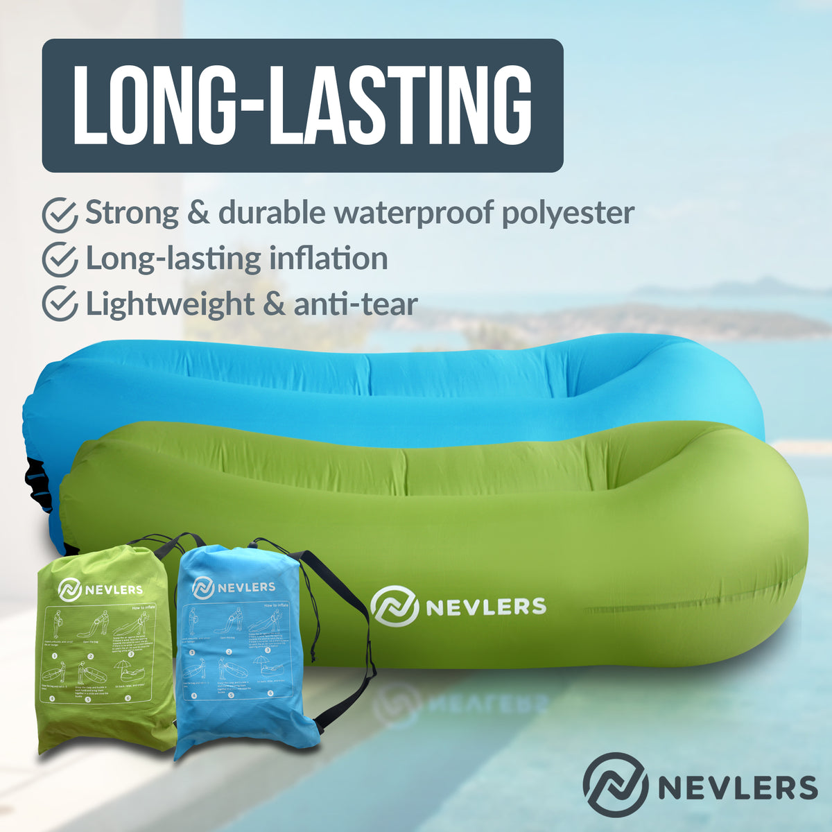 Nevlers 2 Pack Inflatable Lounger - Blue and Green
