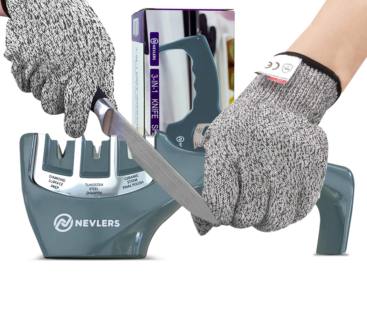 3 IN 1 Knife Sharpener &amp; Gloves Gray