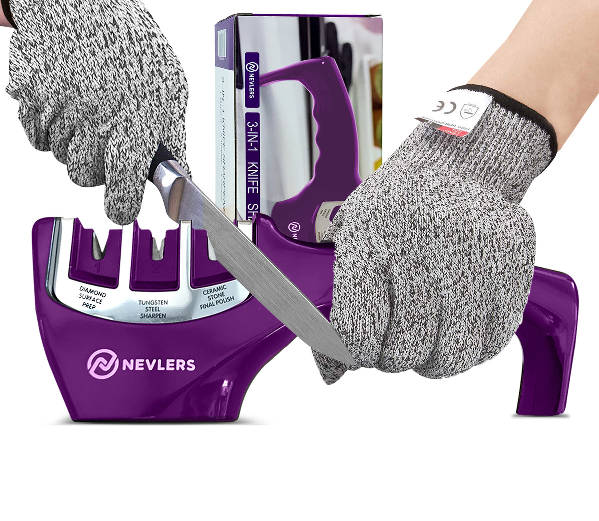 3 IN 1 Knife Sharpener &amp; Gloves Purple