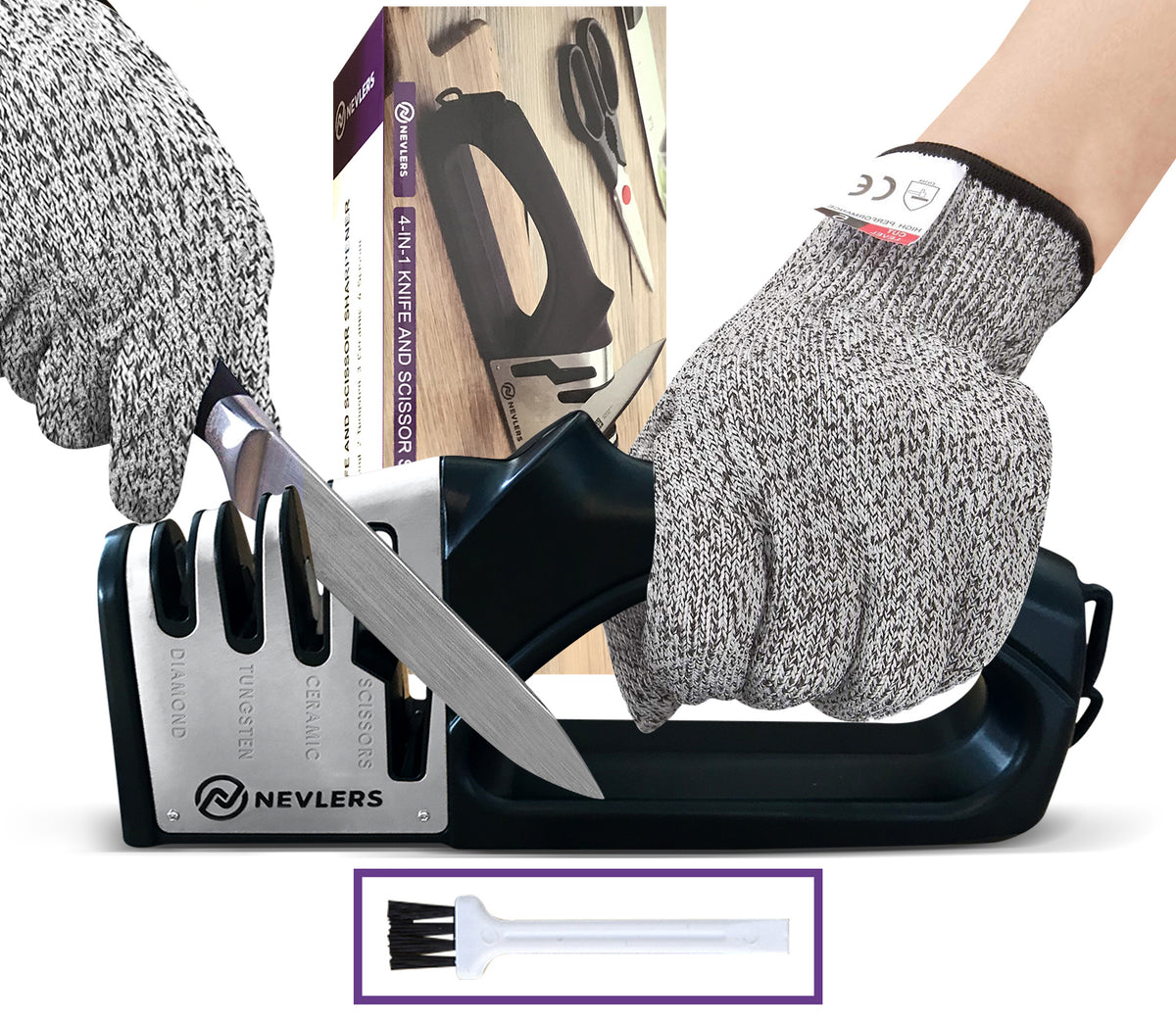 4 IN 1 Knife Sharpener &amp; Gloves - Black