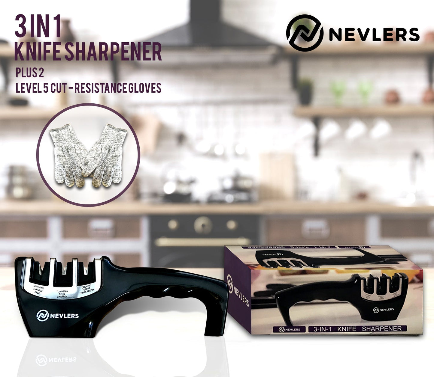 3 IN 1 Knife Sharpener & Gloves